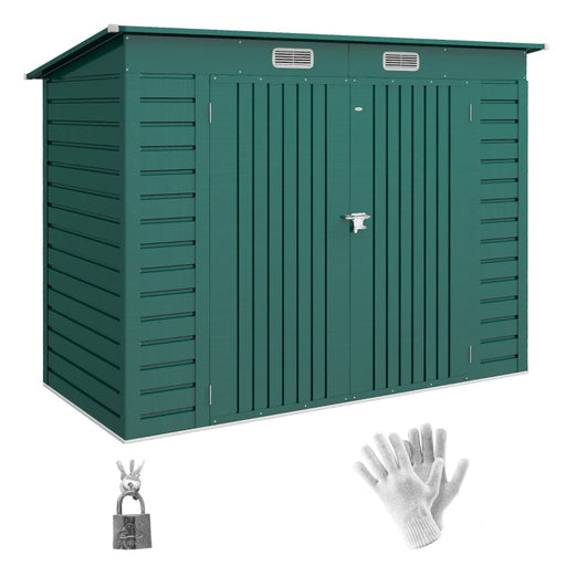 Image of a green 8x4ft Metal Garden Storage Shed With Pent Roof