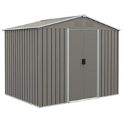 Image of a light grey metal garden shed with an apex roof and double doors, 8x4ft