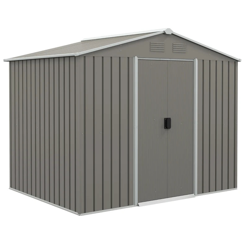 Image of a light grey metal garden shed with an apex roof and double doors, 8x4ft