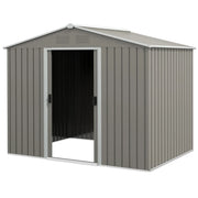 Image of a light grey metal garden shed with an apex roof and double doors, 8x4ft