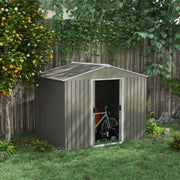 Image of a light grey metal garden shed with an apex roof and double doors, 8x4ft