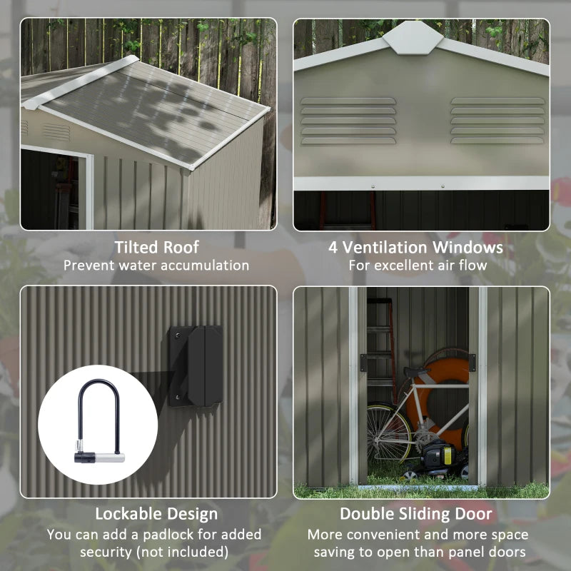 Image of a light grey metal garden shed with an apex roof and double doors, 8x4ft