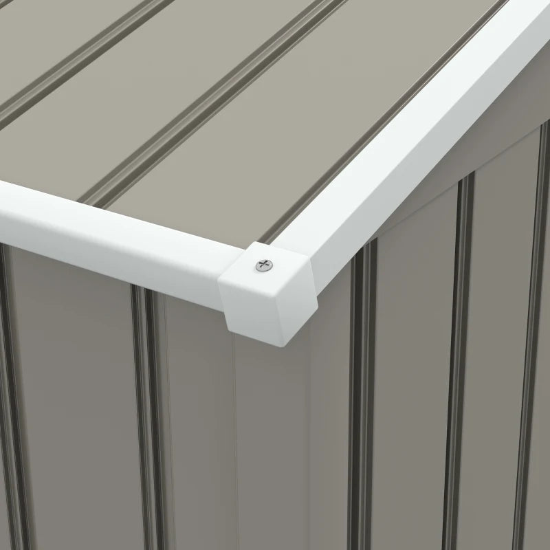 Image of a light grey metal garden shed with an apex roof and double doors, 8x4ft