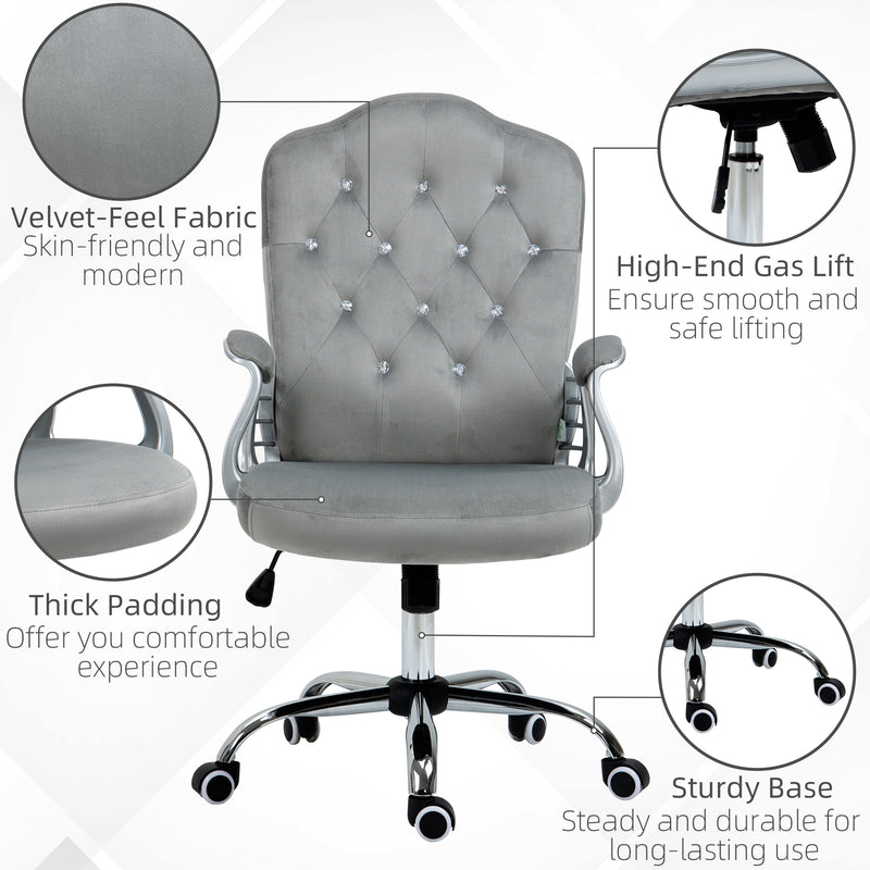 Velvet Feel Office Chair With Diamante Button Backrest For Home Or Desk Use, Grey