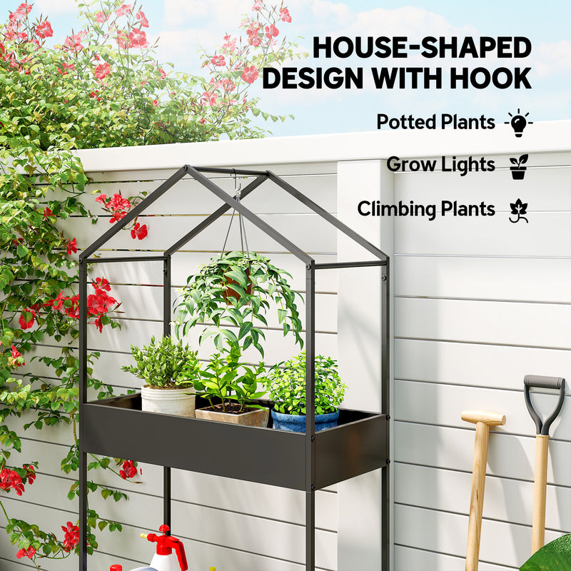 Two Tier House Shaped Plant Stand for Indoor or Outdoor Display with Adjustable Feet Black Outsunny