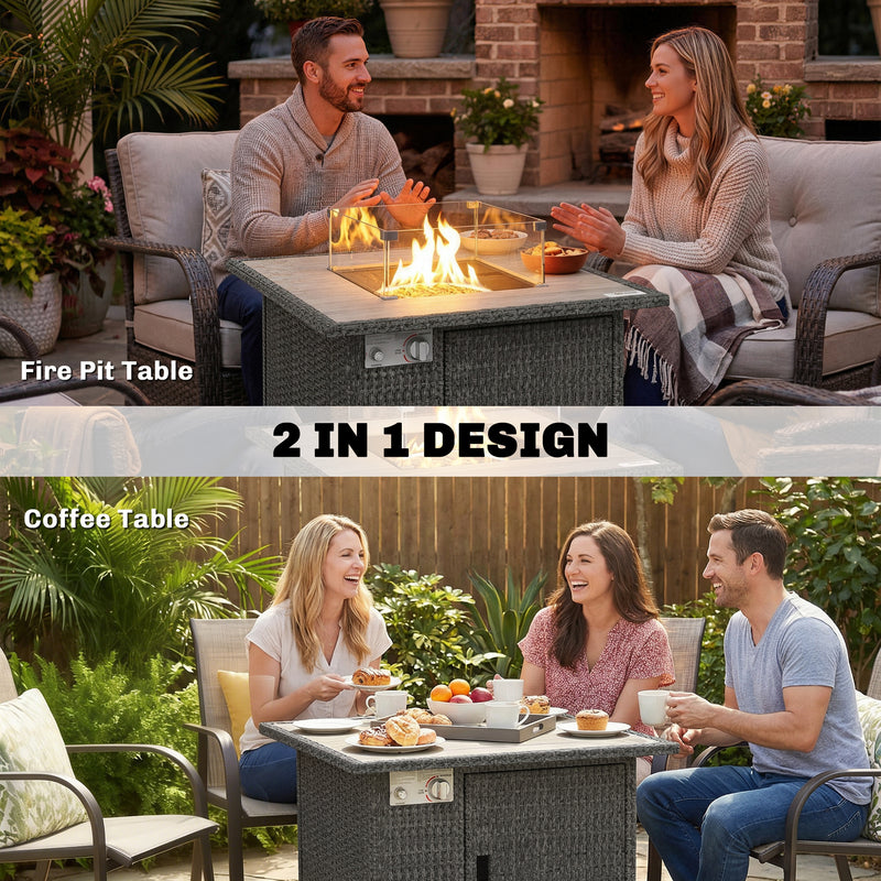 Outdoor Rattan Gas Fire Pit Table With Adjustable Flame And Glass Guard Dark Grey Outsunny