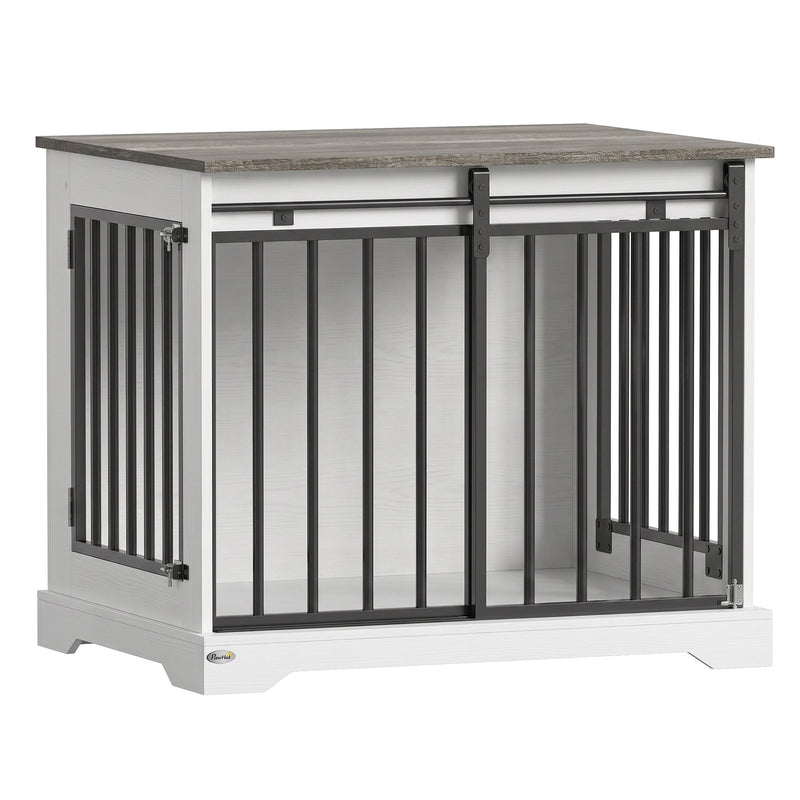 PawHut 80cm dog crate furniture with sliding barn door, white