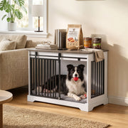 Dog crate furniture styled as a side table beside a sofa with dog food