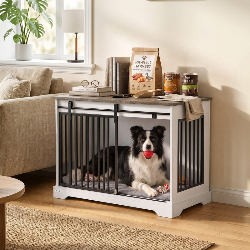 Dog crate furniture styled as a side table beside a sofa with dog food