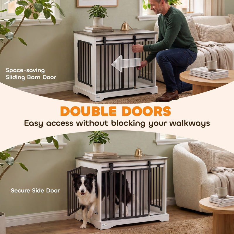 Sliding front barn door and secure side door shown in use