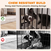 Comparison showing the steel-barred crate resisting chew damage