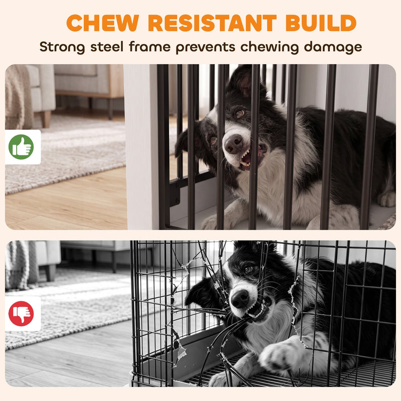 Comparison showing the steel-barred crate resisting chew damage