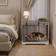 Beagle sleeping in the crate used as a bedside nightstand