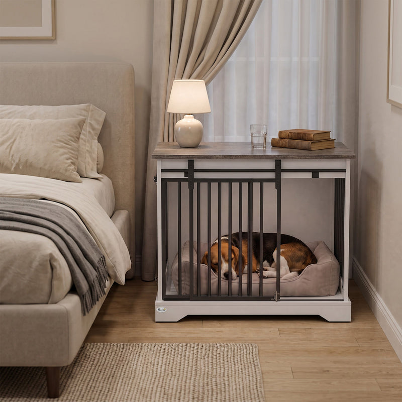Beagle sleeping in the crate used as a bedside nightstand
