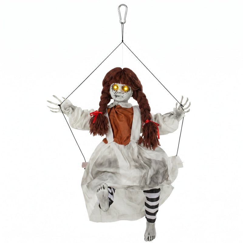 HOMCOM 80cm hanging creepy girl on a swing with glowing eyes and striped stockings