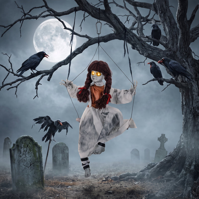 80cm hanging creepy girl swing decoration staged in a graveyard tree with ravens