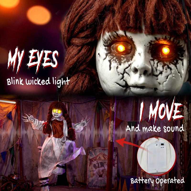 Close-up of the creepy girl's glowing eyes and battery compartment