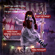 80cm hanging creepy girl at a fairground booth with light-up, sound and movement callouts