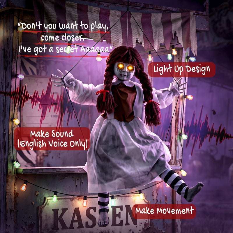 80cm hanging creepy girl at a fairground booth with light-up, sound and movement callouts