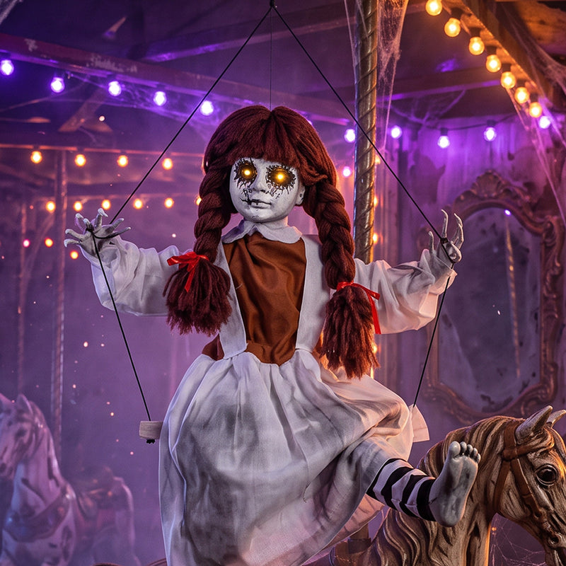 80cm hanging creepy girl staged on a carousel with vintage horses