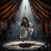 80cm hanging creepy girl staged inside a vintage circus tent