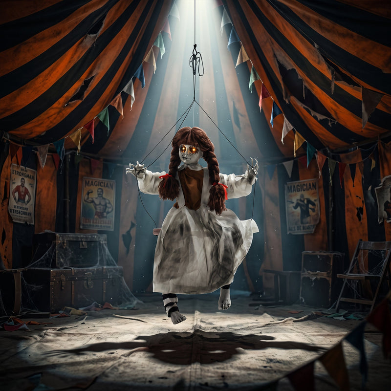 80cm hanging creepy girl staged inside a vintage circus tent