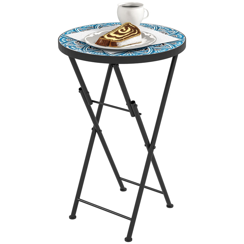 Blue Round Mosaic Garden Side Table 35.5cm Folding Metal Frame for Balcony or Patio