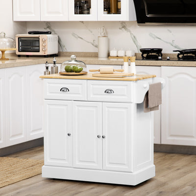 Rolling Kitchen Island Trolley with Storage Drawer and Cabinet for Food Prep White