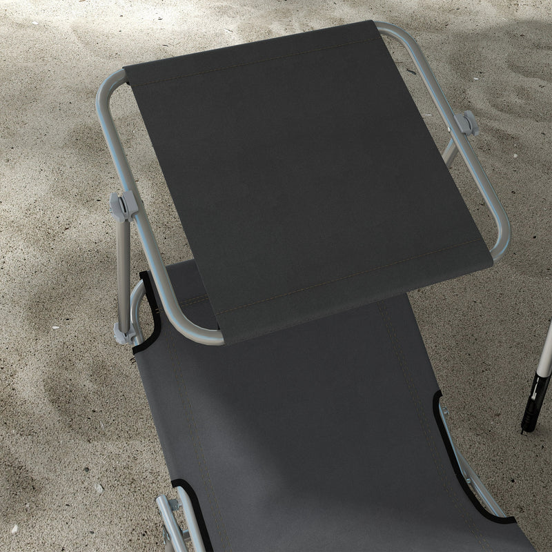 Set of 2 Grey Foldable Sun Loungers with Adjustable Backrest and Sun Shade for Garden