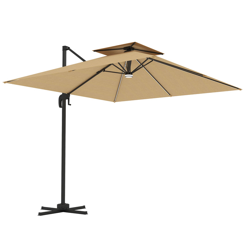 2.5m Cantilever Parasol with Solar LED Lights 360Â° Rotation and Crank Handle Khaki by Outsunny
