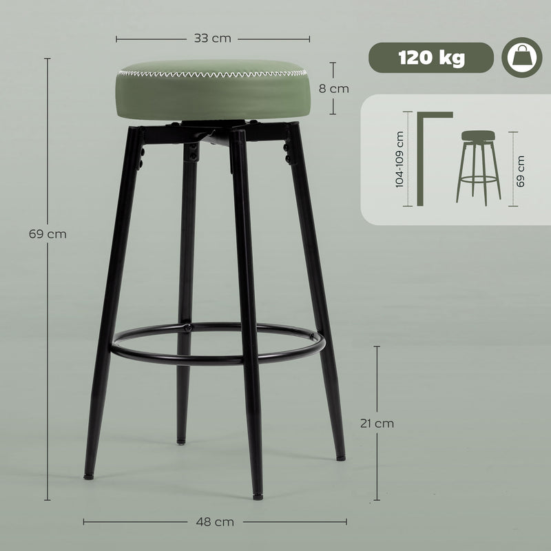 Set of 2 Adjustable Faux Leather Bar Stools with Footrest for Kitchen Counter, Green Seat With Black Legs