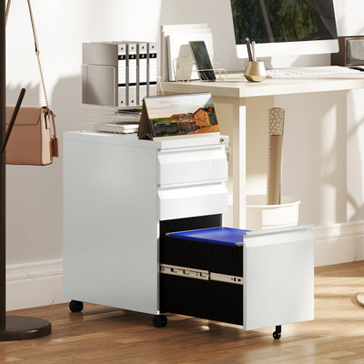 White 3 Drawer Steel Filing Cabinet with Lock and Wheels by Vinsetto