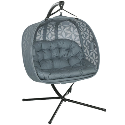 Double Hanging Egg Chair with Stand Comfy Cushion and Cup Holders Charcoal Grey by Outsunny