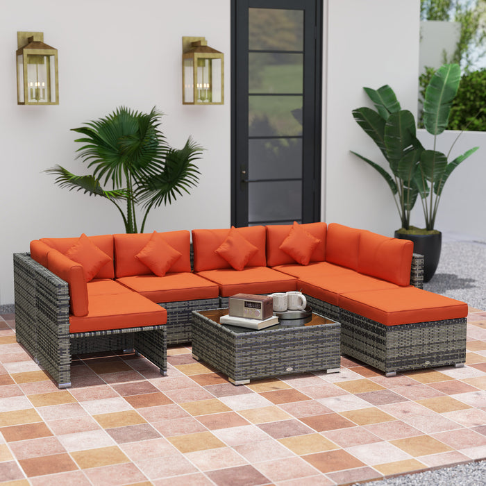 Eight Piece Rattan Garden Sofa Set with Cushions in Orange and Grey by Outsunny