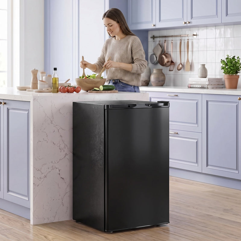 Black mini freezer beside a kitchen worktop while a woman prepares food
