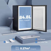 Dimensions diagram of the black mini freezer: 80.5 cm high, 52.5 cm deep, 51.5 cm wide, 84.8L capacity and 0.27 square metre footprint, with ice shovel and ice cube tray
