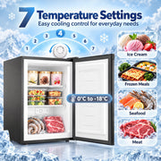 Open black mini freezer with ice cream, frozen meals, seafood and meat inside, with 7 temperature settings from 0 to -18°C