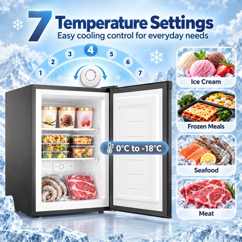Open black mini freezer with ice cream, frozen meals, seafood and meat inside, with 7 temperature settings from 0 to -18°C