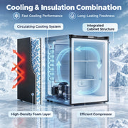 Cutaway infographic of the black mini freezer showing its insulation layer, cooling system and compressor