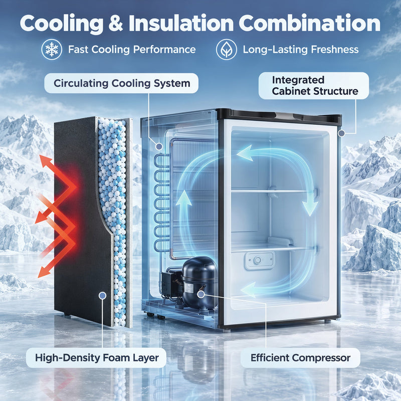 Cutaway infographic of the black mini freezer showing its insulation layer, cooling system and compressor