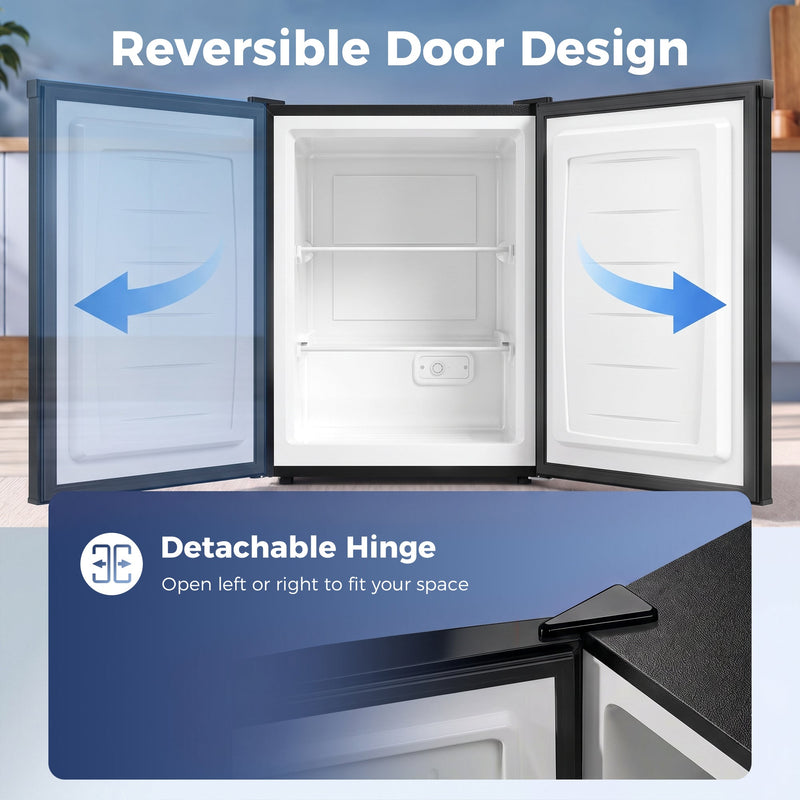 Infographic of the black mini freezer's reversible door with detachable hinge opening left or right
