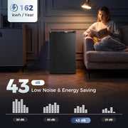 Black mini freezer in a dim living room with 162 kWh per year and 43 dB noise infographic