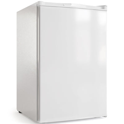 White 84.8L mini freezer, front three-quarter studio view