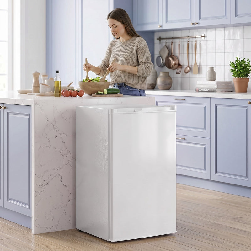 White mini freezer beside a kitchen worktop while a woman prepares food