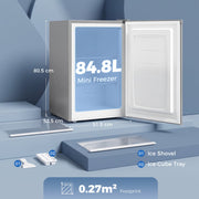 Dimensions diagram of the grey mini freezer: 80.5 cm high, 52.5 cm deep, 51.5 cm wide, 84.8L capacity and 0.27 square metre footprint, with ice shovel and ice cube tray