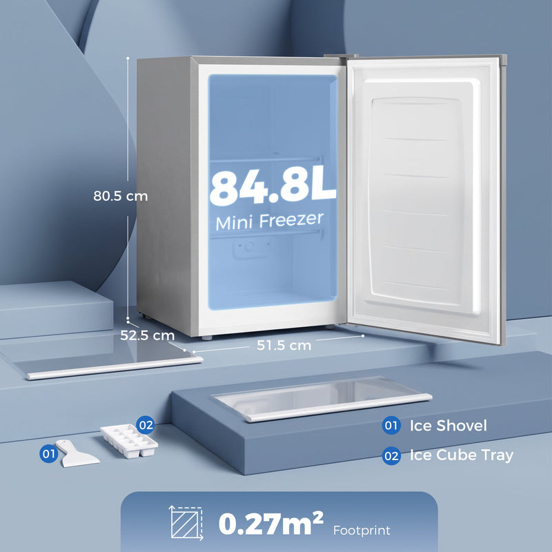 Dimensions diagram of the grey mini freezer: 80.5 cm high, 52.5 cm deep, 51.5 cm wide, 84.8L capacity and 0.27 square metre footprint, with ice shovel and ice cube tray