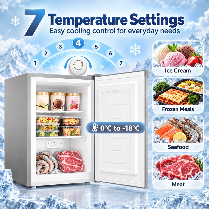 Open grey mini freezer with ice cream, frozen meals, seafood and meat inside, with 7 temperature settings from 0 to -18°C