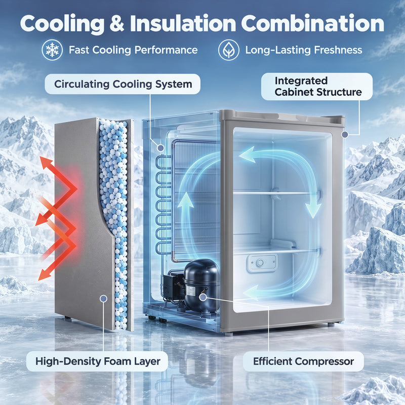 Cutaway infographic of the grey mini freezer showing its insulation layer, cooling system and compressor