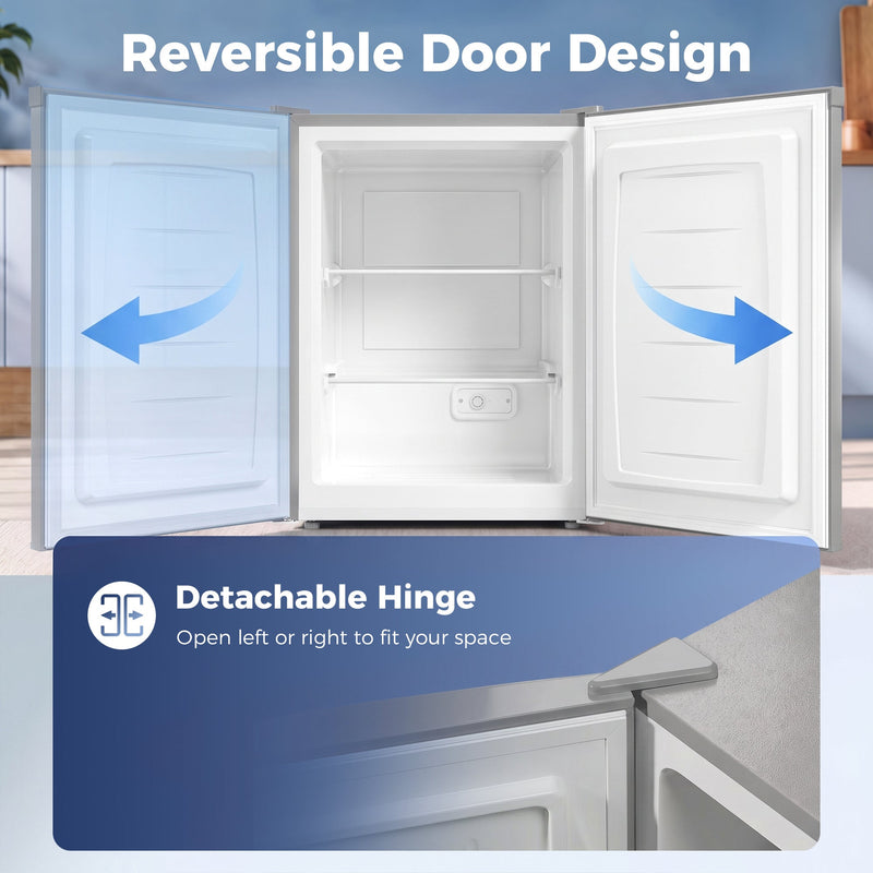 Infographic of the grey mini freezer's reversible door with detachable hinge opening left or right