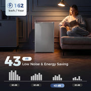 Grey mini freezer in a dim living room with 162 kWh per year and 43 dB noise infographic